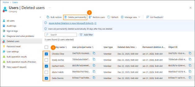 Hard-deleting selected users.