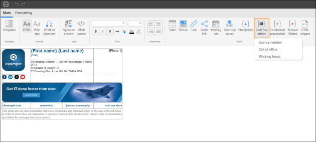 Accessing CodeTwo custom attributes in the signature template editor.