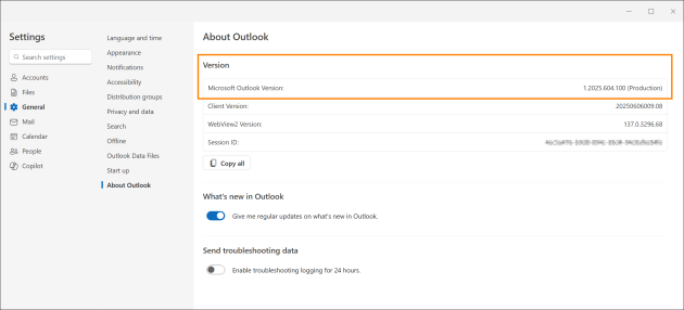 Outlook version number as shown in Outlook for Windows (new UI).