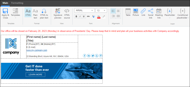 Adding a global OoO note above the existing signature contents.