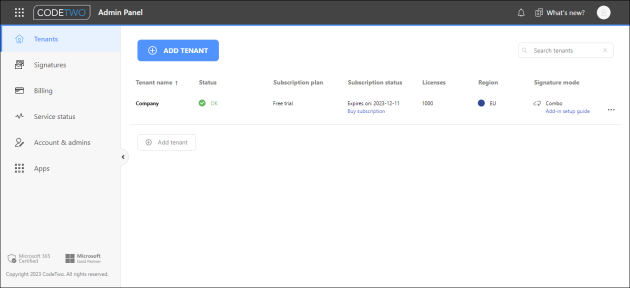 CodeTwo Admin Panel.