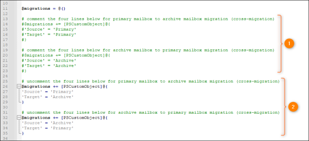 The script settings modified to let you complete cross-migration (primary to archive and vice versa).