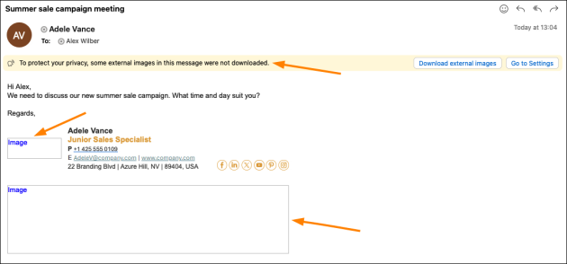 Recipients are prompted to download linked images.