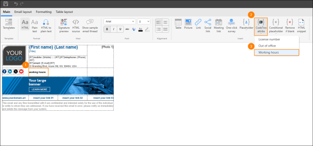 Inserting the custom attribute-related placeholder into the email signature template.