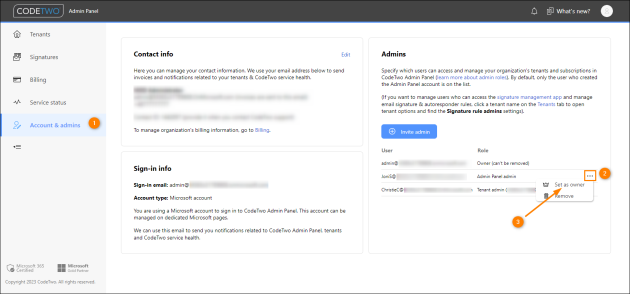 Changing the ownership of a CodeTwo Admin Panel account.