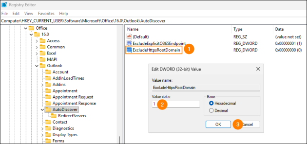 Editing the ExcludeHttpsRootDomain value for the Autodiscover service in the Registry Editor.