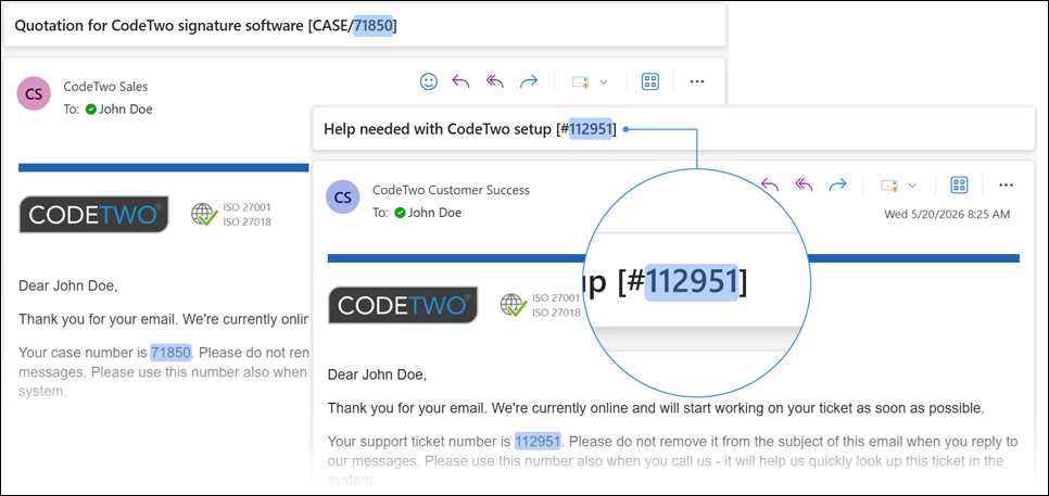 Finding your case/ticket number in an email from CodeTwo Customer Support.