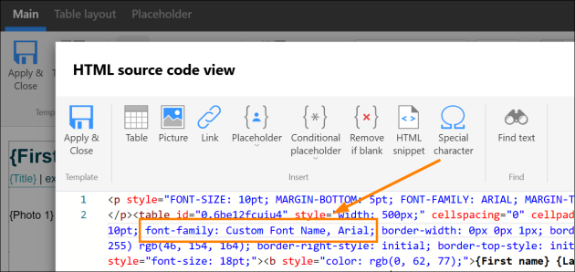 Defining a custom font and a fallback font in the signature's source HTML code.