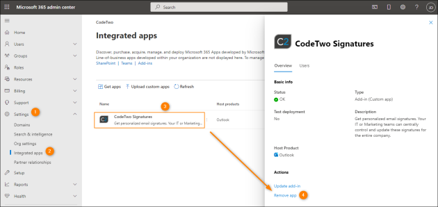 Removing the CodeTwo Signatures Web Add-in for Outlook in the Microsoft 365 admin center.