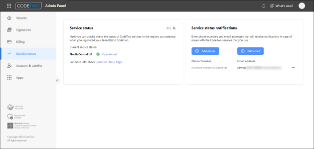 The Service status page in CodeTwo Admin Panel.