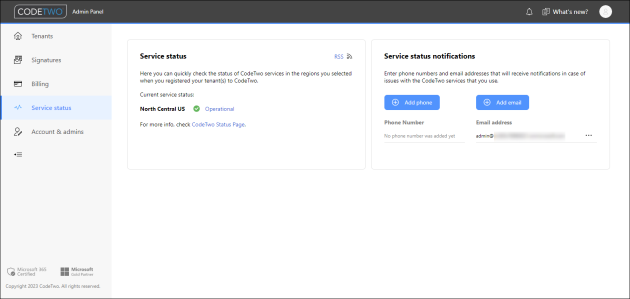 The Service status page in CodeTwo Admin Panel.
