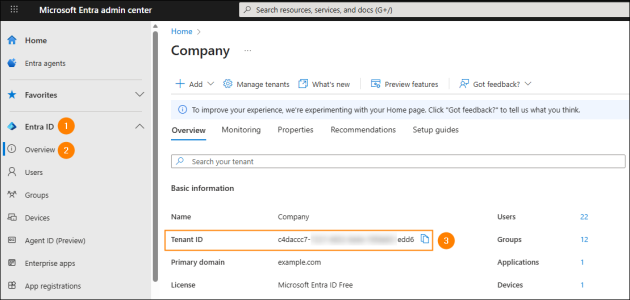 Tenant ID information on the Overview tab.