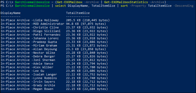 All archive mailboxes from a single Microsoft 365 tenant listed from the largest to the smallest.