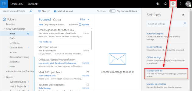 Accessing the add-in settings in the classic version of Outlook on the web.