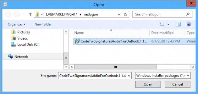 Opening the add-in installation file