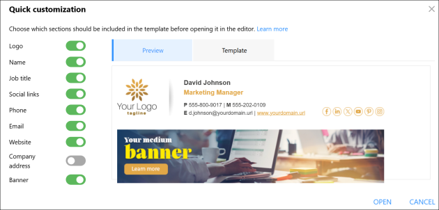 Choosing email signature template sections.