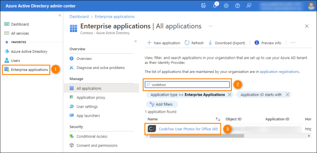 Locating the CodeTwo User Photos for Office 365 application in Azure AD.