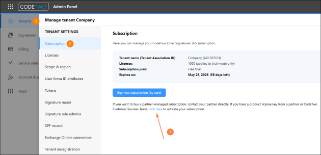 Accessing the subscription activation wizard.