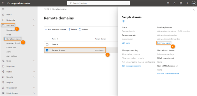 Accessing the reply types settings for a remote domain.