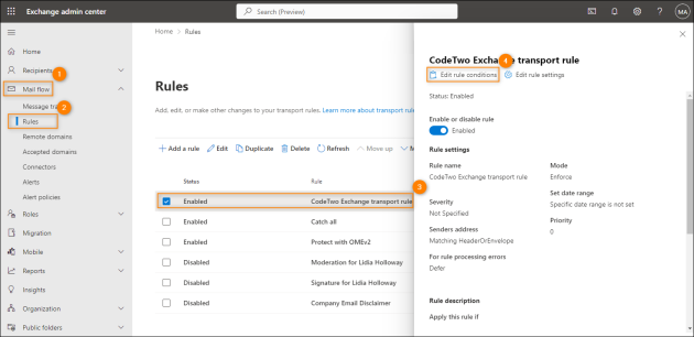 Opening the CodeTwo Exchange transport rule for editing.