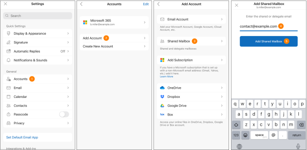 Adding a shared mailbox to Outlook for iOS.