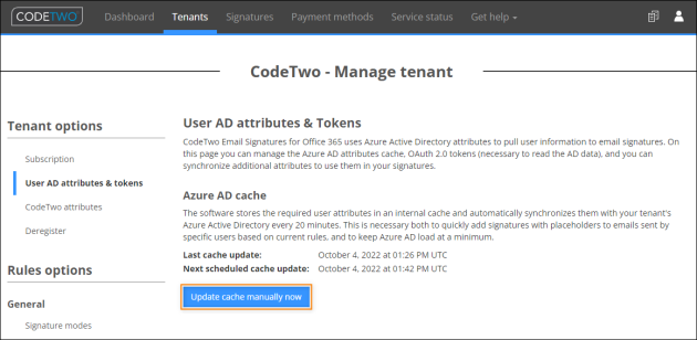 The Azure AD cache section.