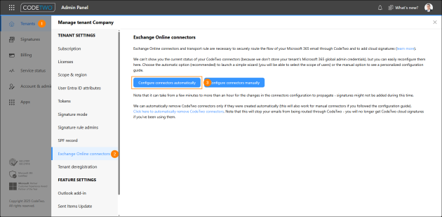 Exchange Online connectors configuration settings.