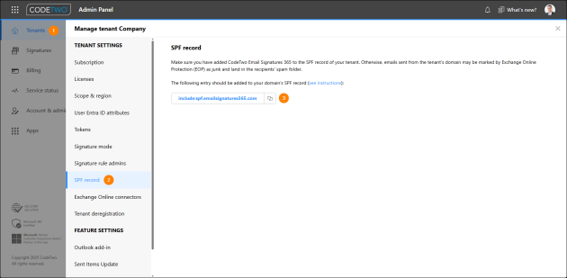 CodeTwo Admin Panel – finding the entry that needs to be added to the SPF record of your tenant.