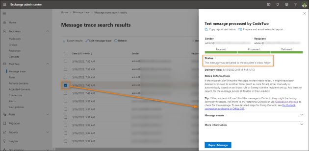 Details of a message routed back from the CodeTwo cloud service and sent to the recipient.