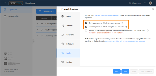 Select these options so that your signature is automatically added to external emails.