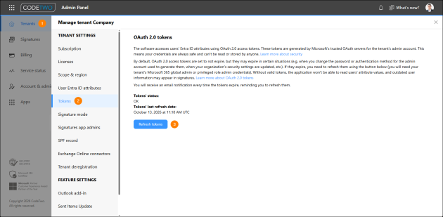 Refreshing the OAuth 2.0 tokens in CodeTwo Admin Panel.