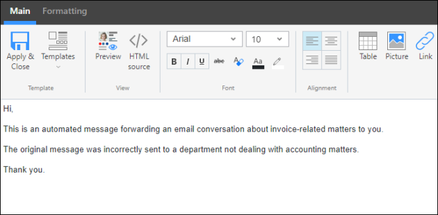 A sample auto-reply message for forwarding an email to your Accounting Team.