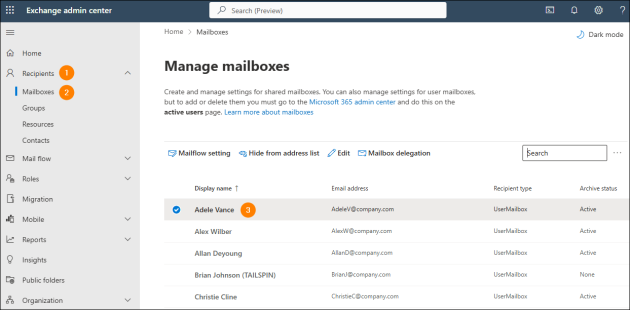 Accessing mailbox settings in the Exchange admin center.