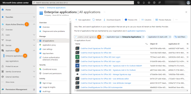 The Microsoft Entra ID app list populated with CodeTwo apps matching the searched text.