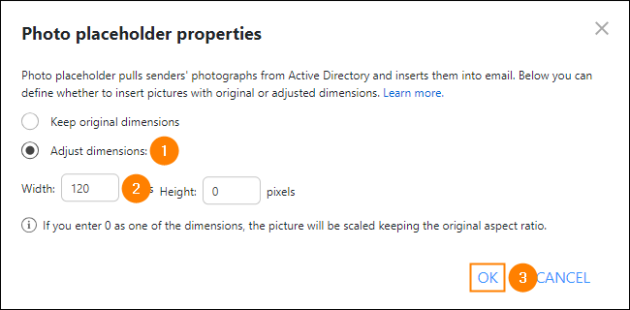 Setting up the dimensions of user’s photo in the email signature.