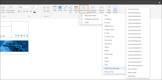 Exchange Online (Microsoft 365) custom attributes 1-15 and CodeTwo custom attributes available under the Placeholder menu.