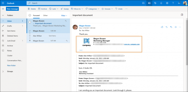 The email signature is added directly below the new message in a conversation.