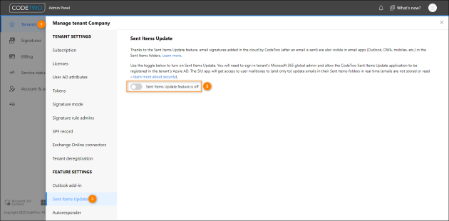 Enabling Sent Items Update in CodeTwo Admin Panel.
