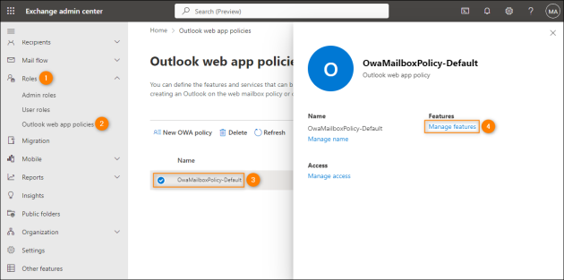 Accessing the OWA policy settings to disable/enable features.