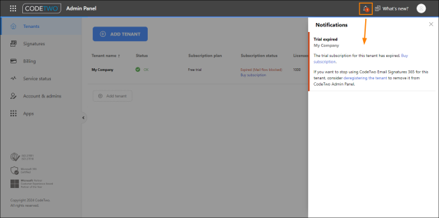 Opening the Notifications pane in CodeTwo Admin Panel.