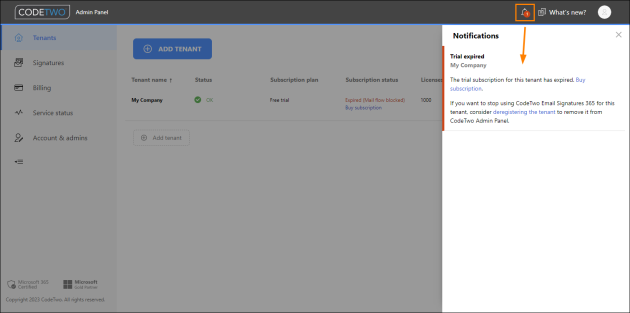 Opening the Notifications pane in CodeTwo Admin Panel.