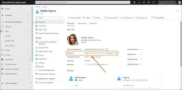 The Object ID property in the Microsoft Entra admin center.