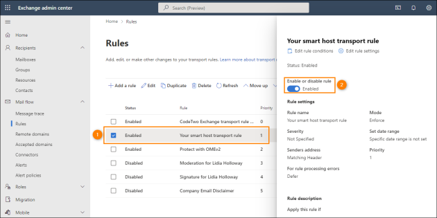 Setting the priority of the smart host transport rule and enabling it.