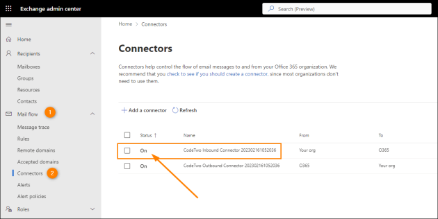 Checking if the state of the CodeTwo Inbound Connector in the Exchange Online admin center.