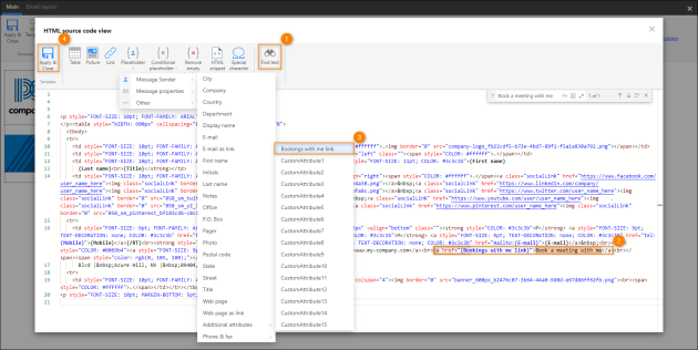 Adding the custom attribute that will turn into a link in an email signature.
