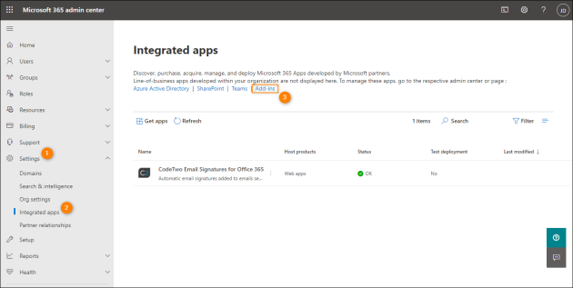 Opening the Add-ins page in the Microsoft 365 admin center.