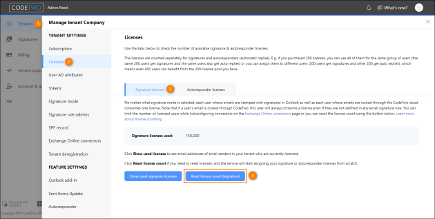 Resetting license count on the Licenses page.