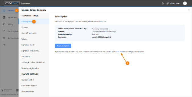 Accessing the subscription activation wizard.
