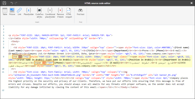 The attributes that control the direction of the text added to the HTML code of a signature template.