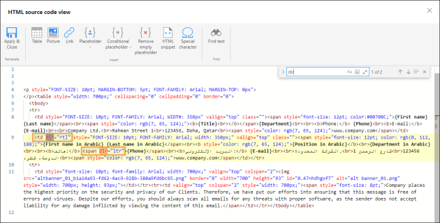 The attributes that control the direction of the text added to the HTML code of a signature template.